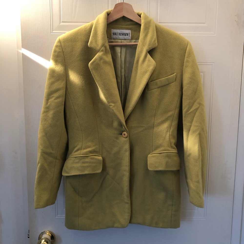 Vintage Designer Holt Renfrew Cashmere-Wool Blazer Coat in Yellow-Green